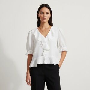 Karl Lagerfeld Paris Womens White Ruffle V-Neck Puff Sleeve Blouse Large